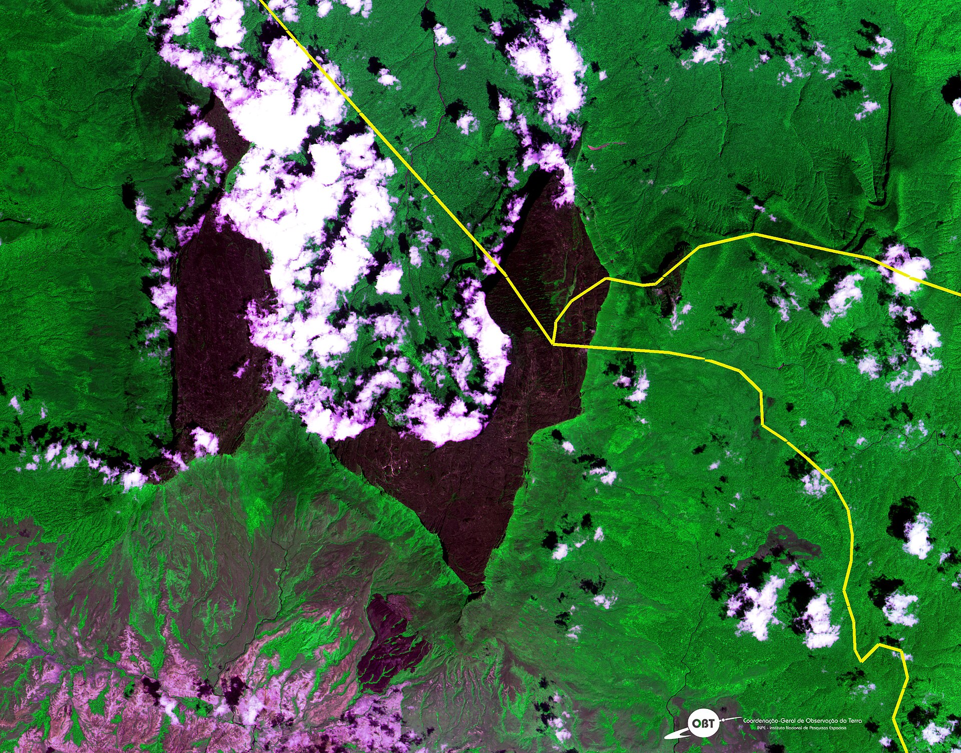Imagem de satélite do Monte Roraima com as linhas de fronteira